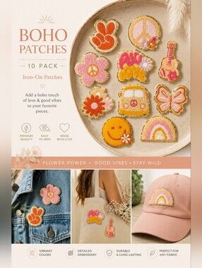 🍎 Nwt 10-Piece Retro Boho Chenille Iron-On Patch Set Peace & Love Embroidered